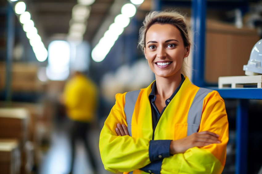 Smiling female glazier working on blurred background Smiling female glazier working on blurred background