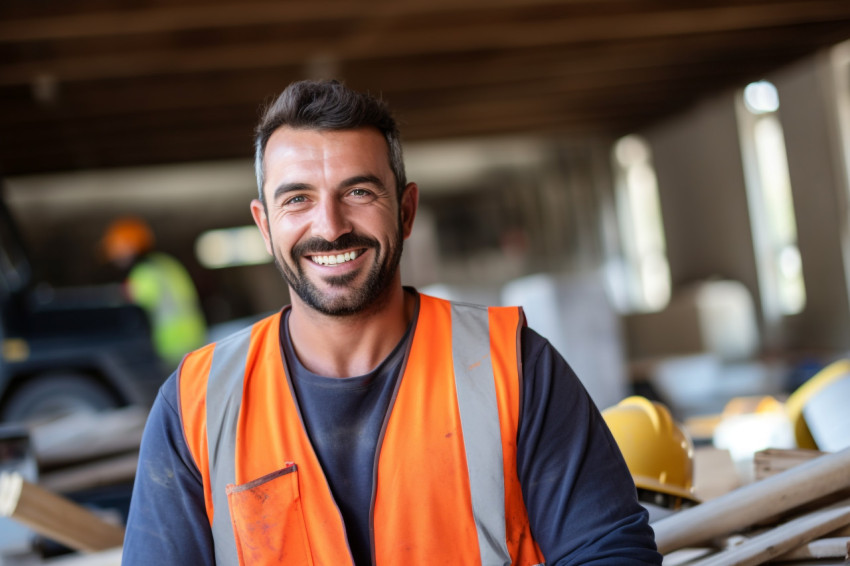 Smiling construction worker at work on blurred background Smiling construction worker at work on blurred background