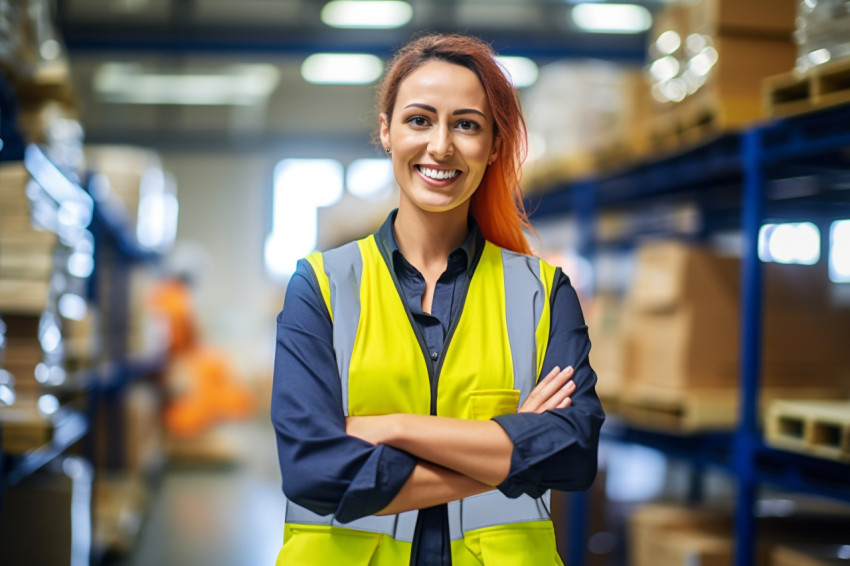 Smiling female glazier working on blurred background Smiling female glazier working on blurred background