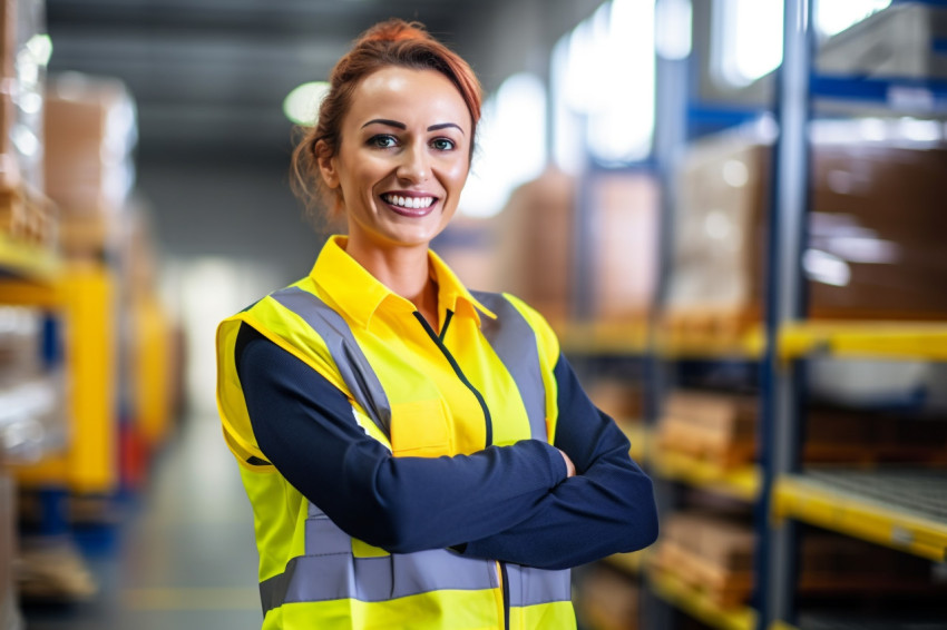 Smiling female glazier working on blurred background Smiling female glazier working on blurred background