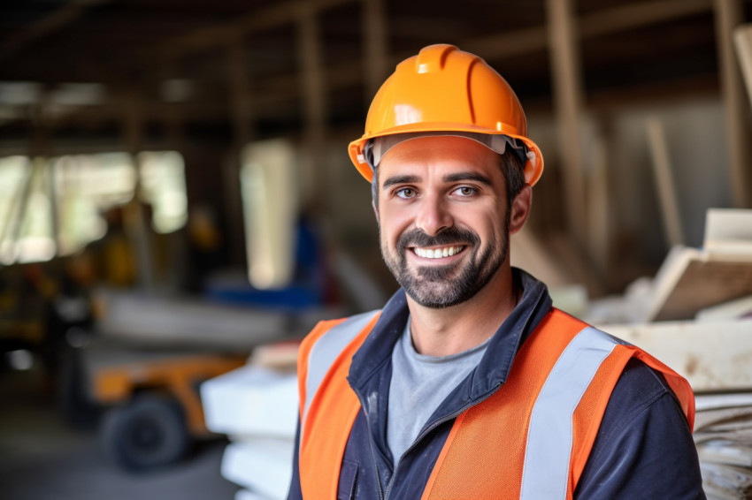 Smiling construction worker at work on blurred background Smiling construction worker at work on blurred background