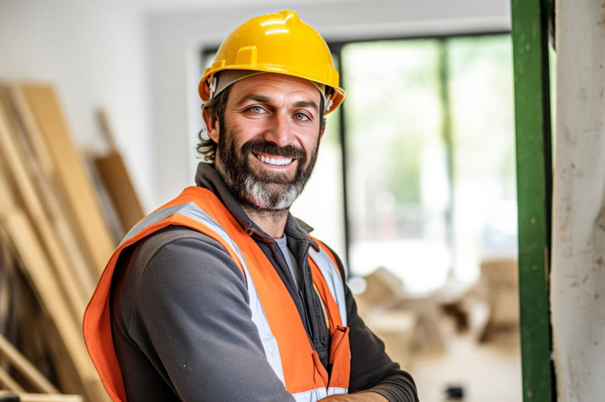 Cheerful construction worker smiling on blurred background Cheerful construction worker smiling on blurred background