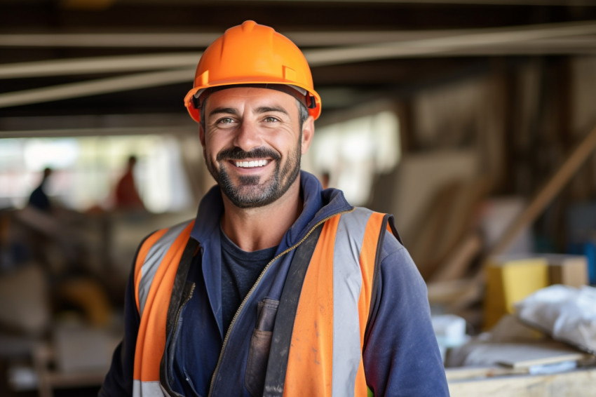 Smiling construction worker at work on blurred background Smiling construction worker at work on blurred background