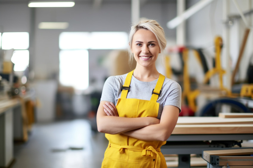 Smiling female mason working on blurred background Smiling female mason working on blurred background