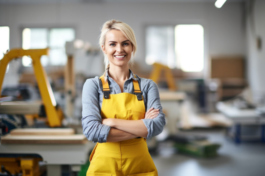 Smiling female mason working on blurred background Smiling female mason working on blurred background