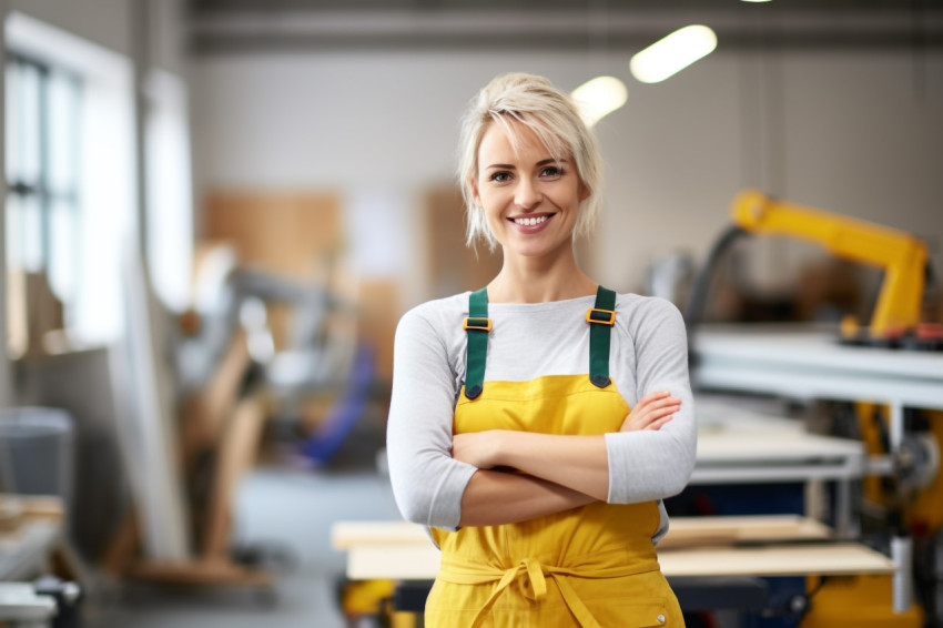 Smiling female mason working on blurred background Smiling female mason working on blurred background