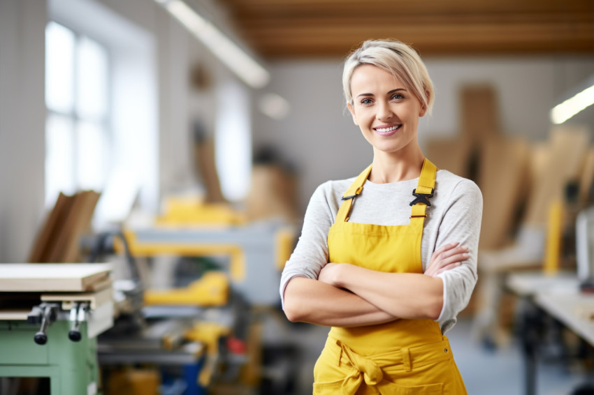 Smiling female mason working on blurred background Smiling female mason working on blurred background