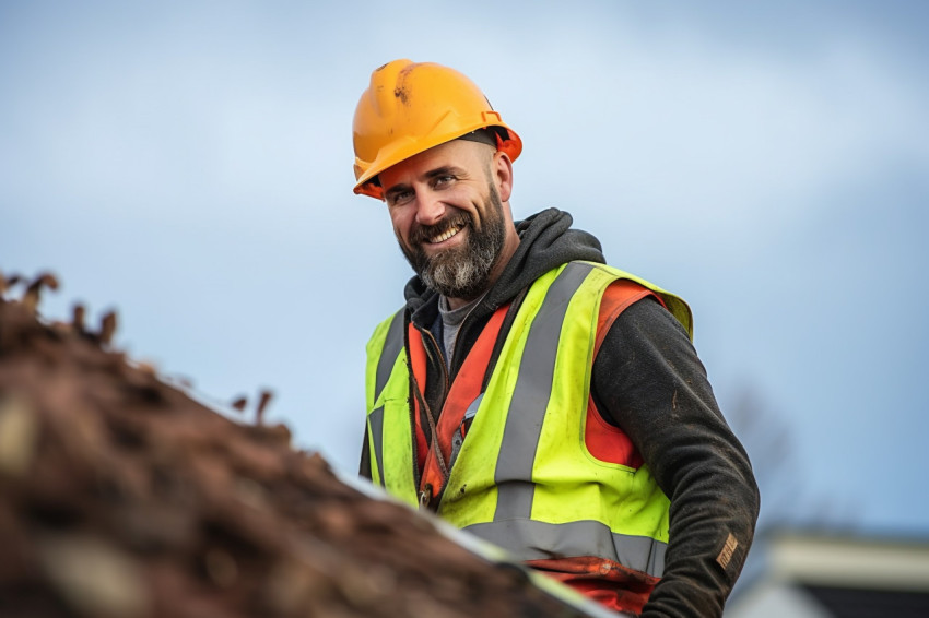 Smiling roofer working on roof Smiling roofer working on roof