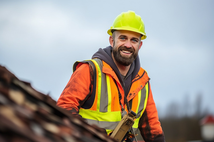 Smiling roofer working on roof Smiling roofer working on roof