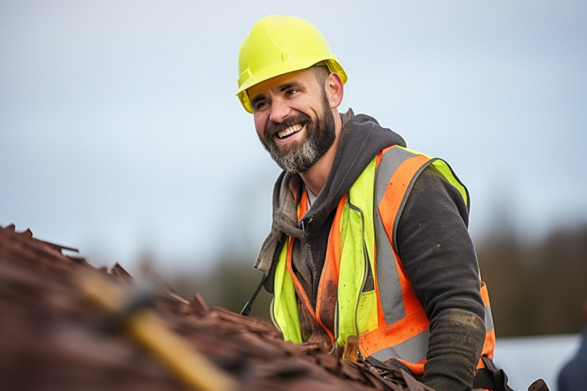 Smiling roofer working on roof Smiling roofer working on roof