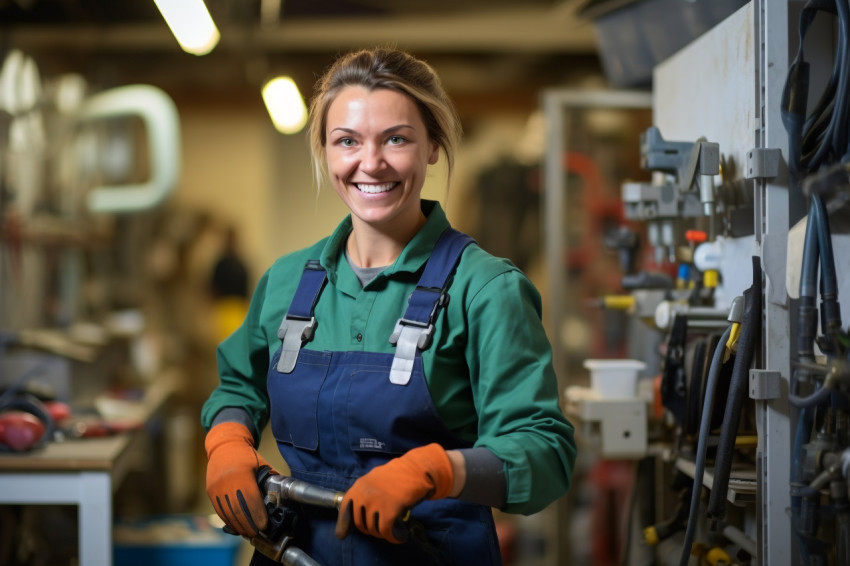 Female plumber smiling at work blurred background Female plumber smiling at work blurred background