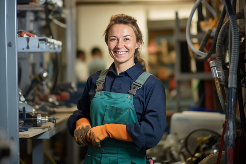 Female plumber smiling at work blurred background Female plumber smiling at work blurred background