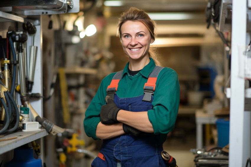 Female plumber smiling at work blurred background Female plumber smiling at work blurred background