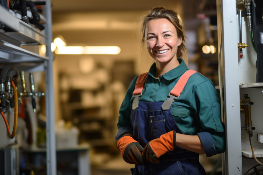 Female plumber smiling at work blurred background Female plumber smiling at work blurred background