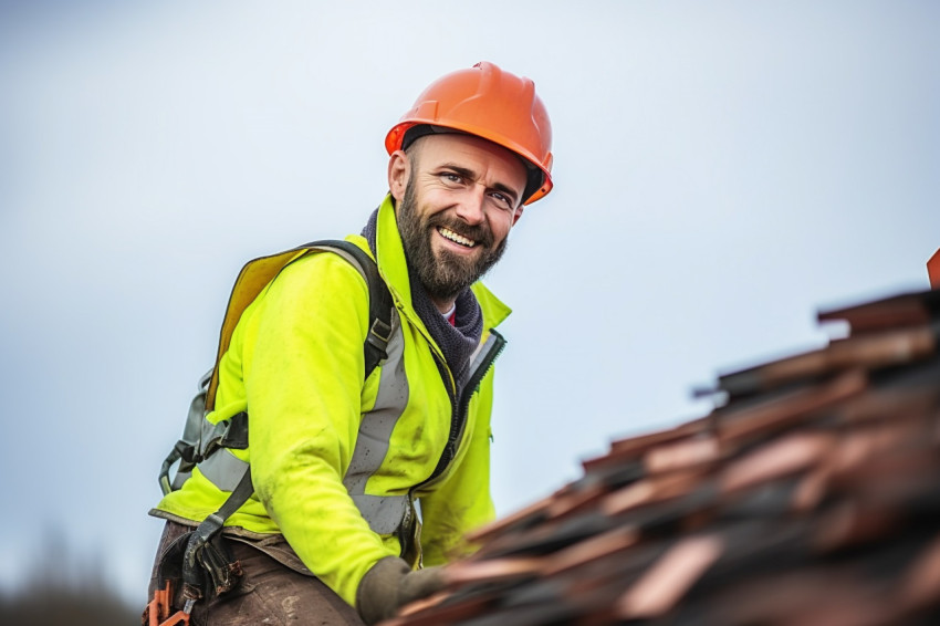 Smiling roofer working on roof Smiling roofer working on roof