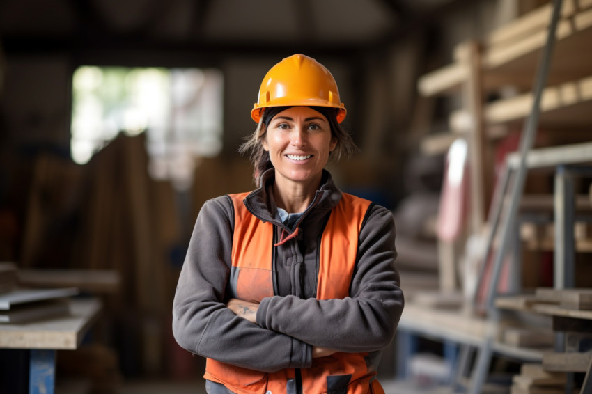 Happy female construction worker smiling on blurred Happy female construction worker smiling on blurred