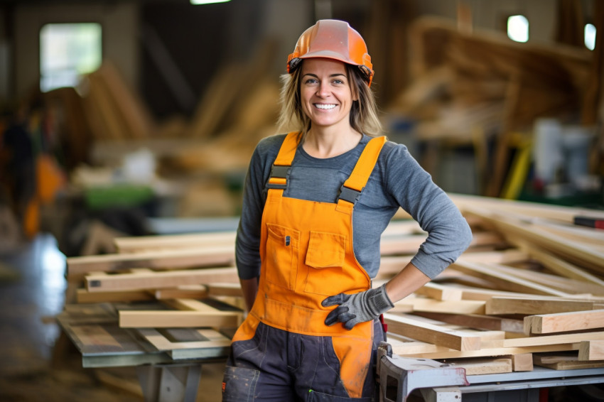 Happy female construction worker smiling on blurred Happy female construction worker smiling on blurred