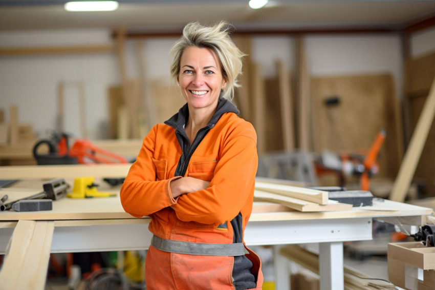 Happy female construction worker smiling on blurred Happy female construction worker smiling on blurred