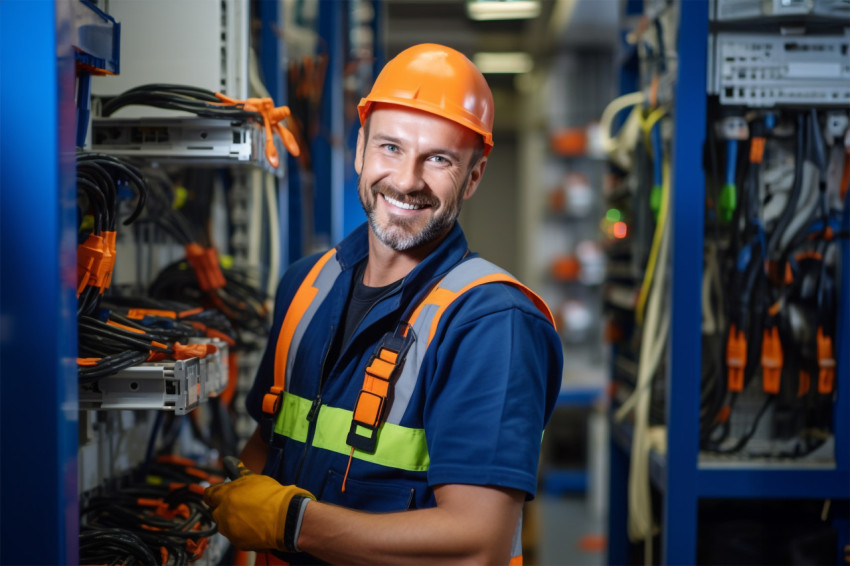 Electrician smiling at work on blurred background Electrician smiling at work on blurred background