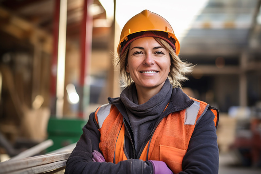 Happy female construction worker smiling on blurred Happy female construction worker smiling on blurred