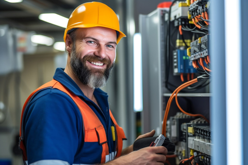 Electrician smiling at work on blurred background Electrician smiling at work on blurred background