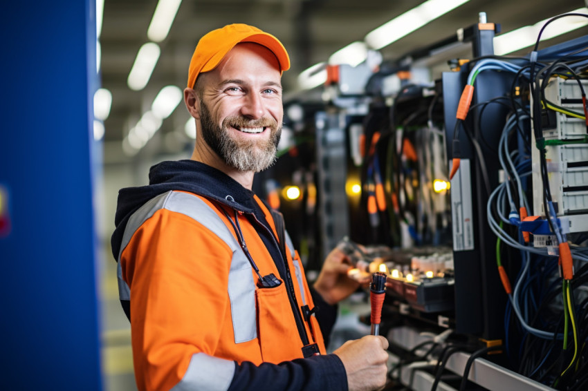 Electrician smiling at work on blurred background Electrician smiling at work on blurred background
