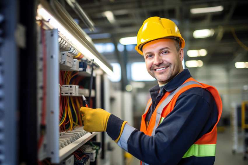 Electrician smiling at work on blurred background Electrician smiling at work on blurred background