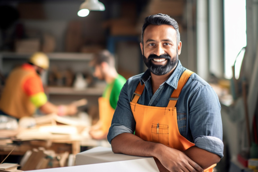 Smiling Indian mason working blurred background Smiling Indian mason working blurred background