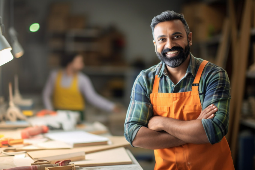 Smiling Indian mason working blurred background Smiling Indian mason working blurred background