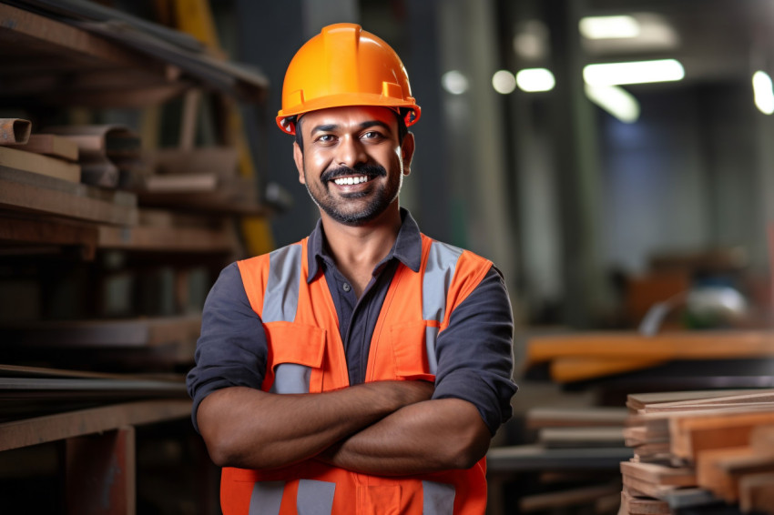 Smiling Indian construction worker on blurred background Smiling Indian construction worker on blurred background