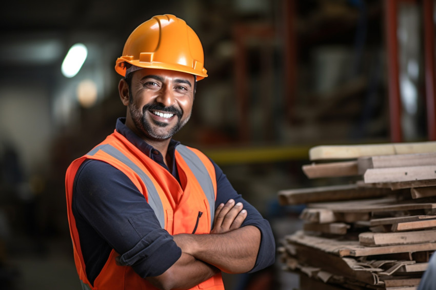 Smiling Indian construction worker on blurred background Smiling Indian construction worker on blurred background