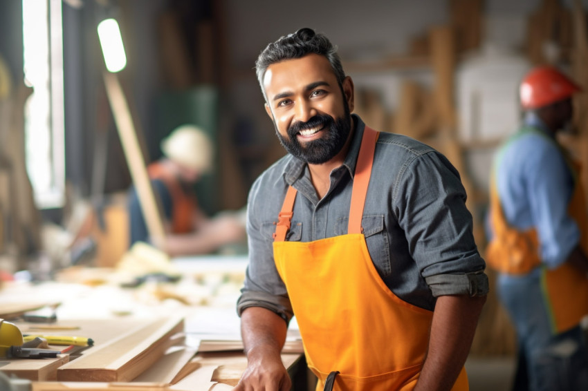 Smiling Indian mason working blurred background Smiling Indian mason working blurred background