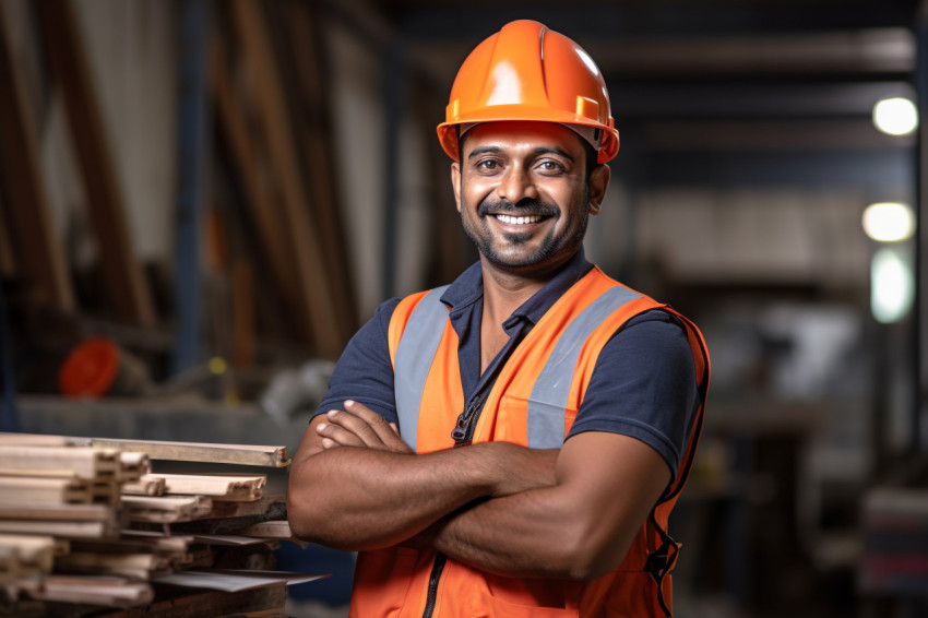 Smiling Indian construction worker on blurred background Smiling Indian construction worker on blurred background