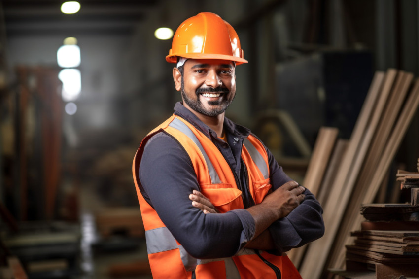 Smiling Indian construction worker on blurred background Smiling Indian construction worker on blurred background