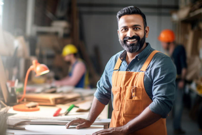 Smiling Indian mason working blurred background Smiling Indian mason working blurred background