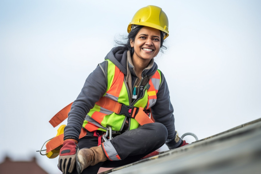 Smiling Indian female roofer working on blurred background Smiling Indian female roofer working on blurred background