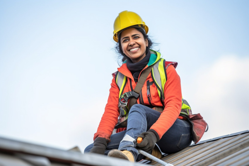 Smiling Indian female roofer working on blurred background Smiling Indian female roofer working on blurred background