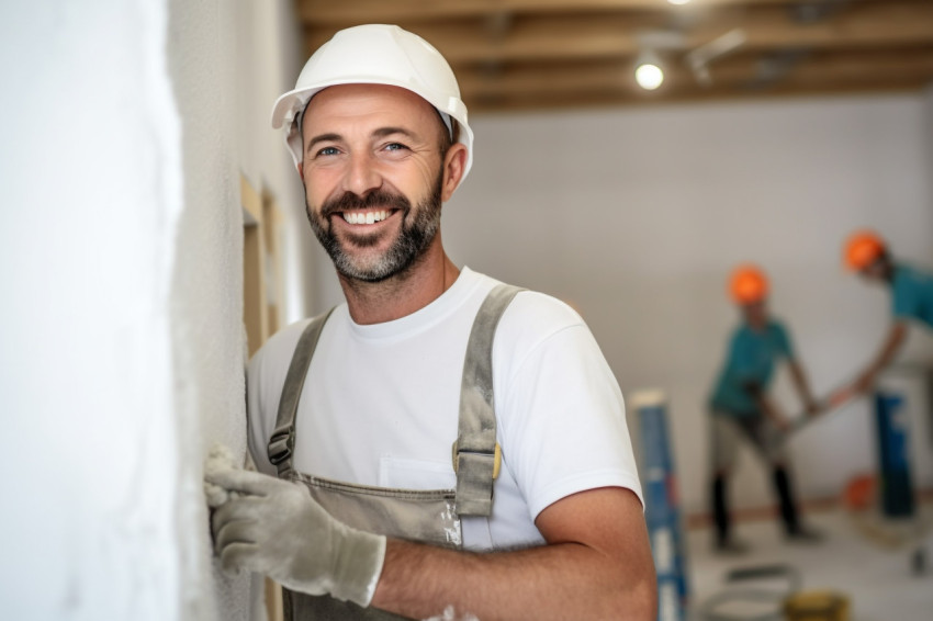 Drywall contractor working on a blurred background Drywall contractor working on a blurred background