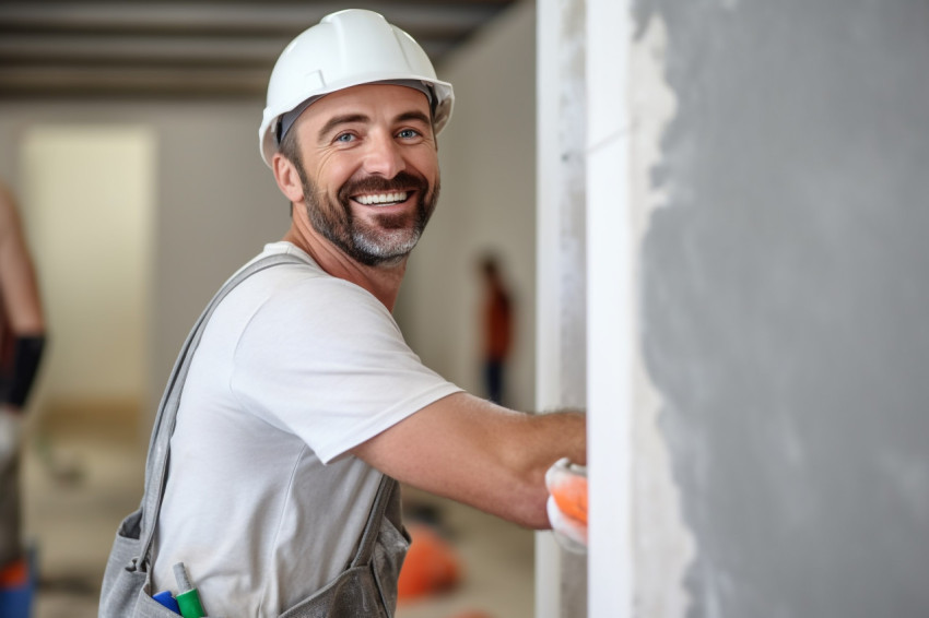 Drywall contractor working on a blurred background Drywall contractor working on a blurred background