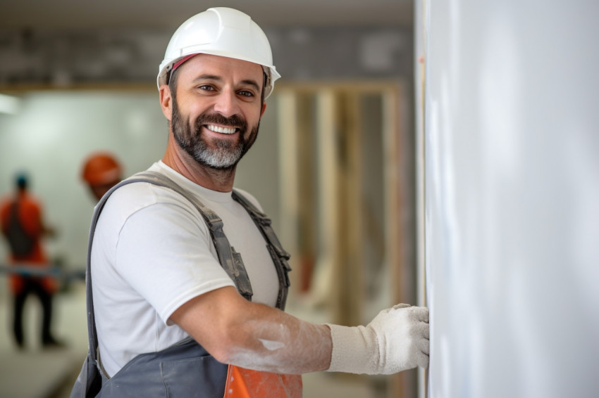 Drywall contractor working on a blurred background Drywall contractor working on a blurred background