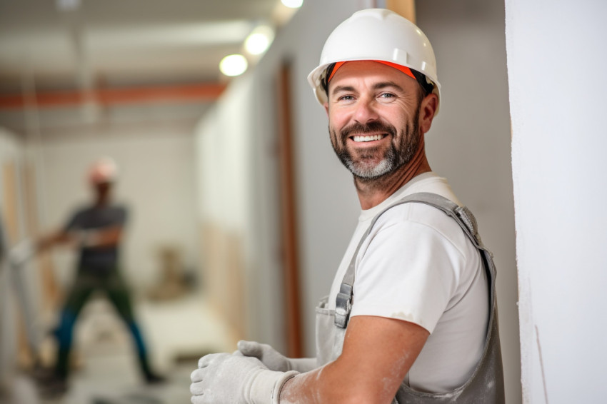 Drywall contractor working on a blurred background Drywall contractor working on a blurred background
