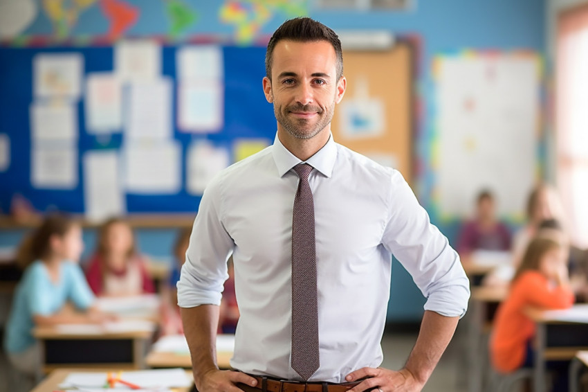 Confident male elementary teacher teaching on blurred background Confident male elementary teacher teaching on blurred background
