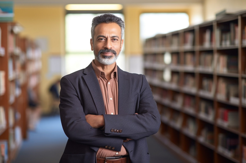 Indian male professor working on blurred background