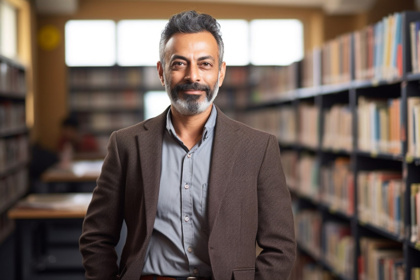 Indian male professor working on blurred background