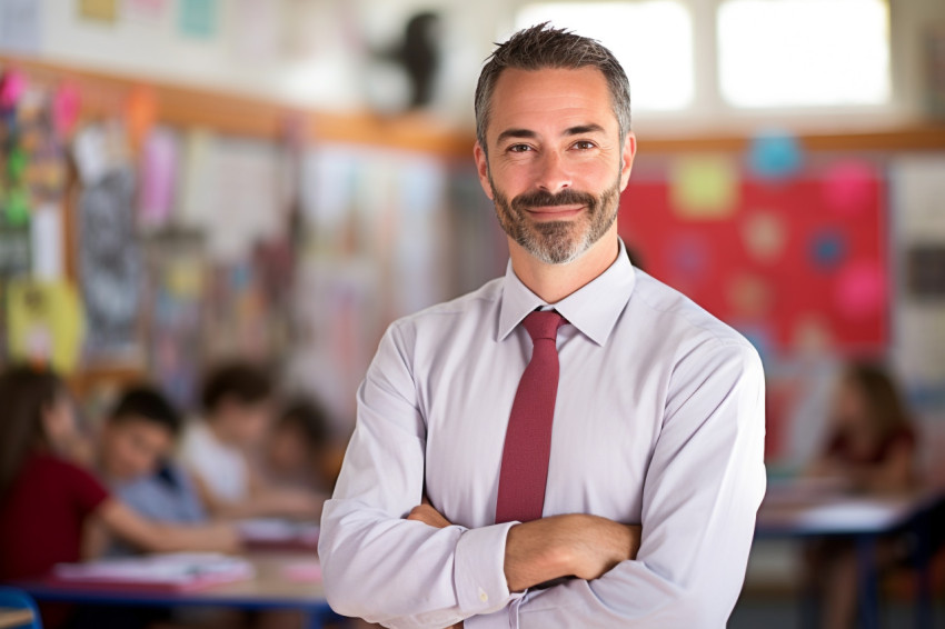 Confident male elementary teacher teaching on blurred background Confident male elementary teacher teaching on blurred background