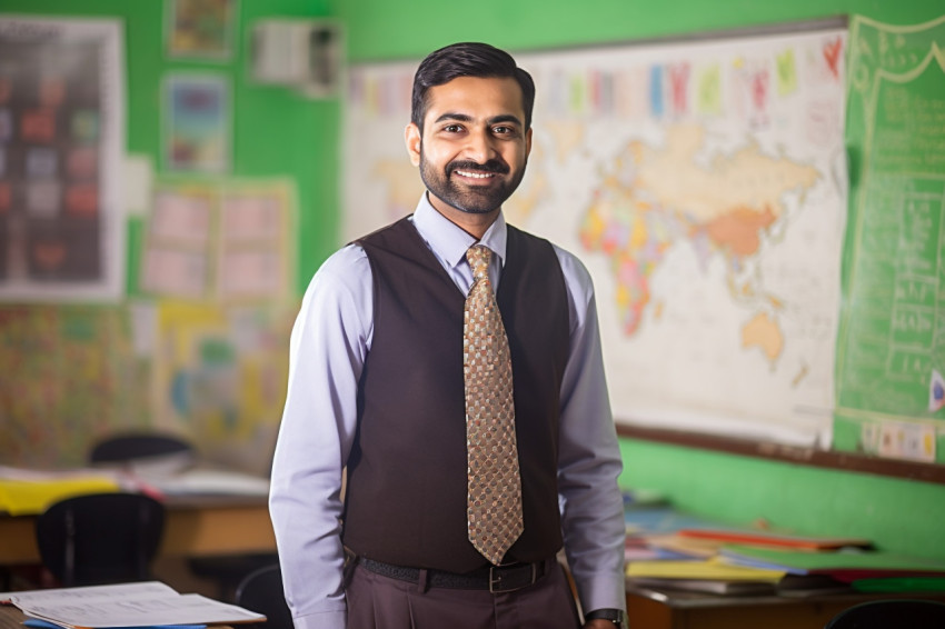 Indian elementary school teacher working confident male with blurred background Indian elementary school teacher working confident male with blurred background