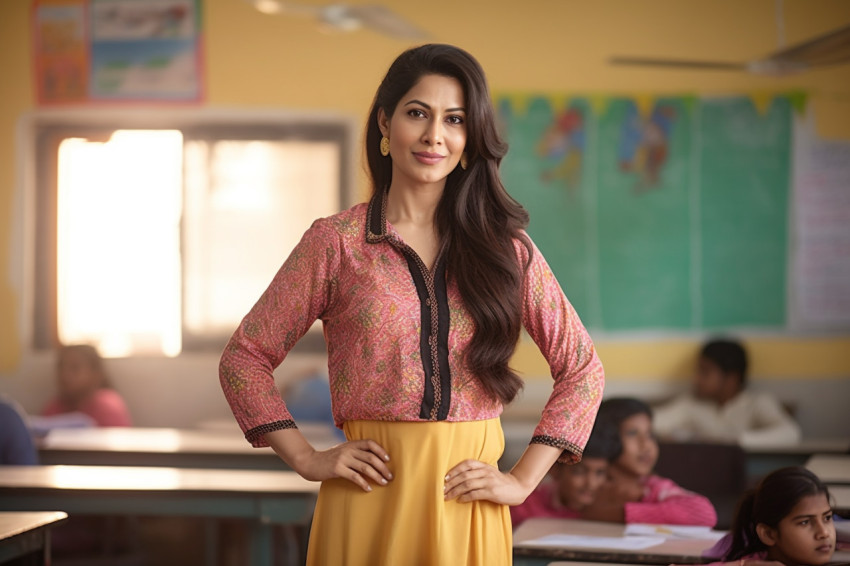 Confident Indian female teacher working on blurred background Confident Indian female teacher working on blurred background