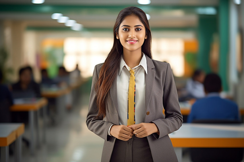 Indian female trade student working on blurred background Indian female trade student working on blurred background
