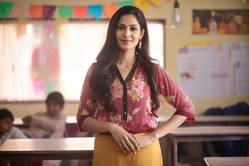 Confident Indian female teacher working on blurred background Confident Indian female teacher working on blurred background