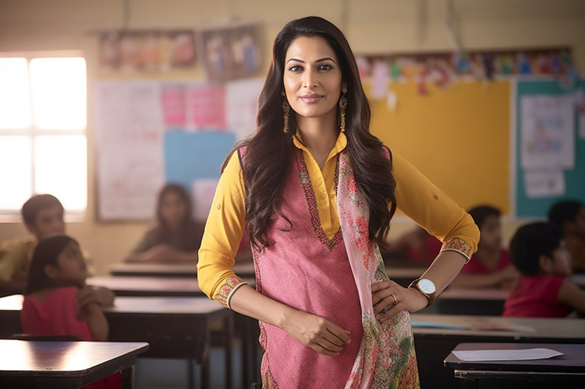 Confident Indian female teacher working on blurred background Confident Indian female teacher working on blurred background